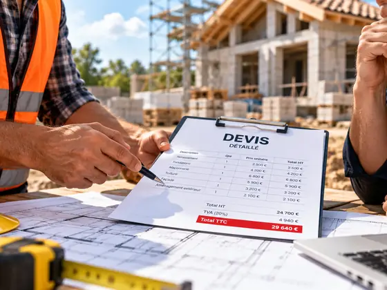 Devis détaillé posé sur des plans, sur un chantier