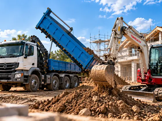 Camion benne avec grue et mini-pelle sur un terrain de construction