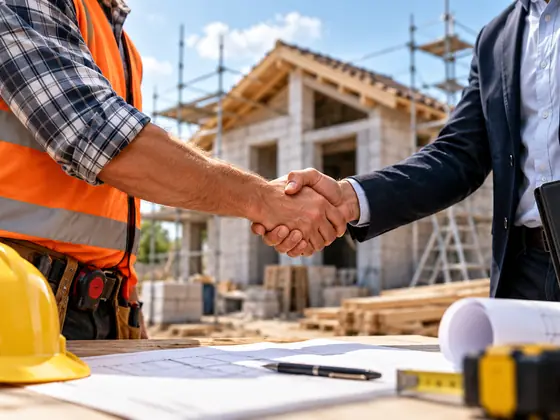 Poignée de main entre un artisan et un client devant une maison en construction