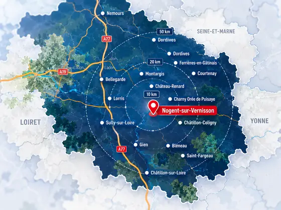 Carte stylisée du secteur autour de Nogent-sur-Vernisson, dans le Loiret