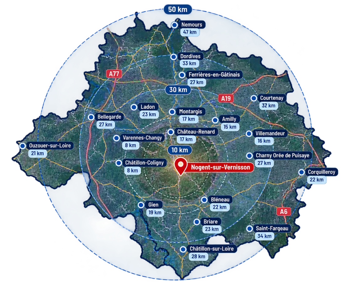 Carte des communes proches de Nogent-sur-Vernisson, avec les distances (jusqu’à 50 km) ; LSN Renov Pro intervient jusqu’à 150 km, dans le Loiret et les départements voisins