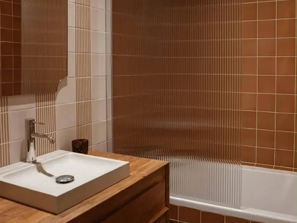 Salle de bain avec baignoire et carrelage terre cuite