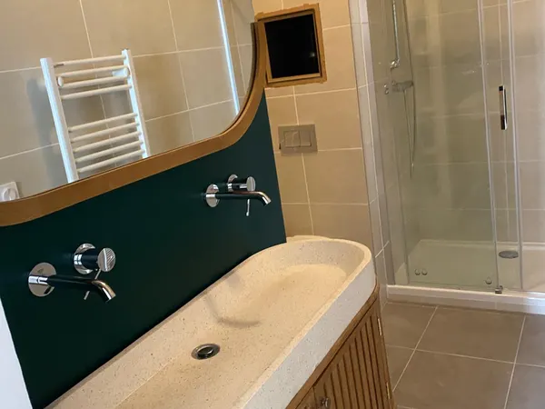 Salle de bain rénovée : vasque sur mur vert, miroir et douche vitrée