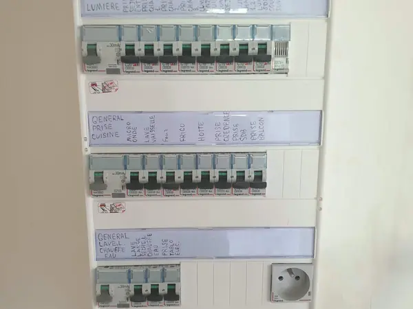 Tableau électrique fermé avec étiquettes de repérage des circuits